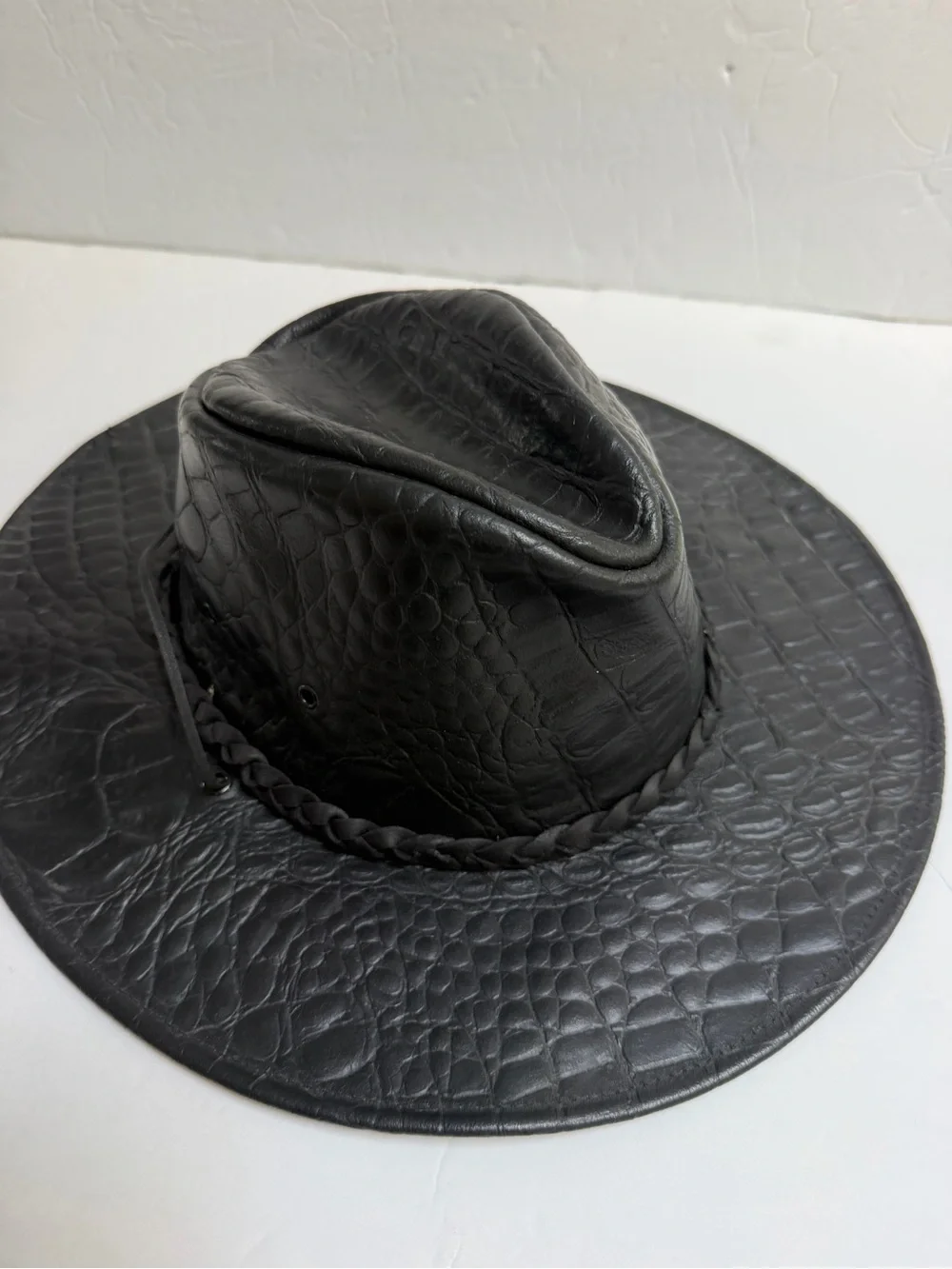 Black Croc Embossed Leather Cowboy Western Hat with Braided Band